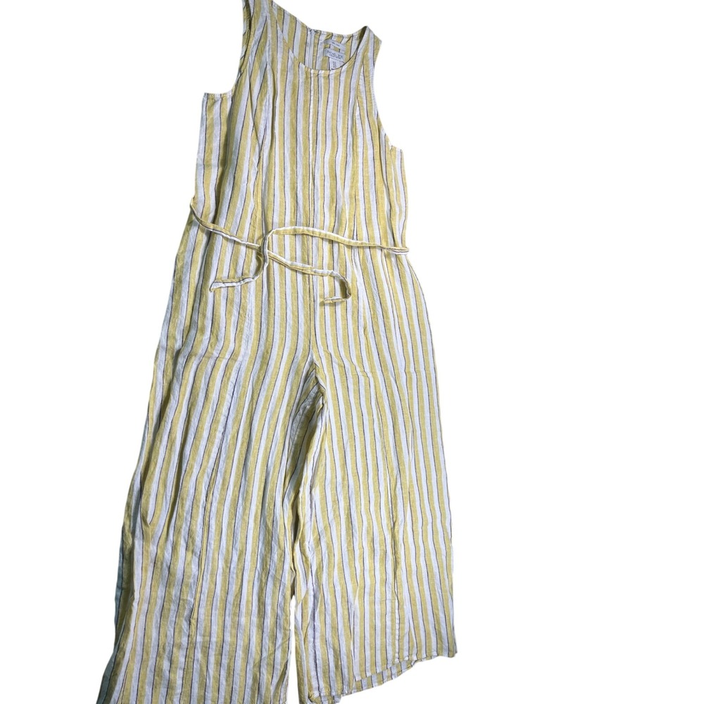 Rachel Zoe 100% Linen Striped Wide Leg Jumpsuit Size 12 Tie Waist